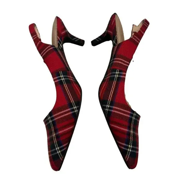 Isaac Mizrahi Red Green Plaid Slingback Pointed Toe Heels Size 8.5 Pumps Preppy - Picture 5 of 9